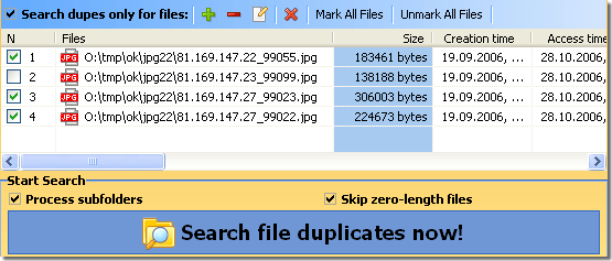 Search duplicates for specified files