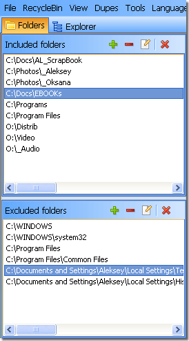 Folders list for duplicate search
