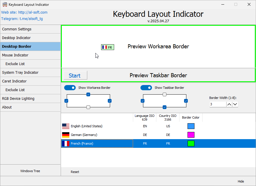 Keyboard Layout Indicator - Desktop Borders Settings