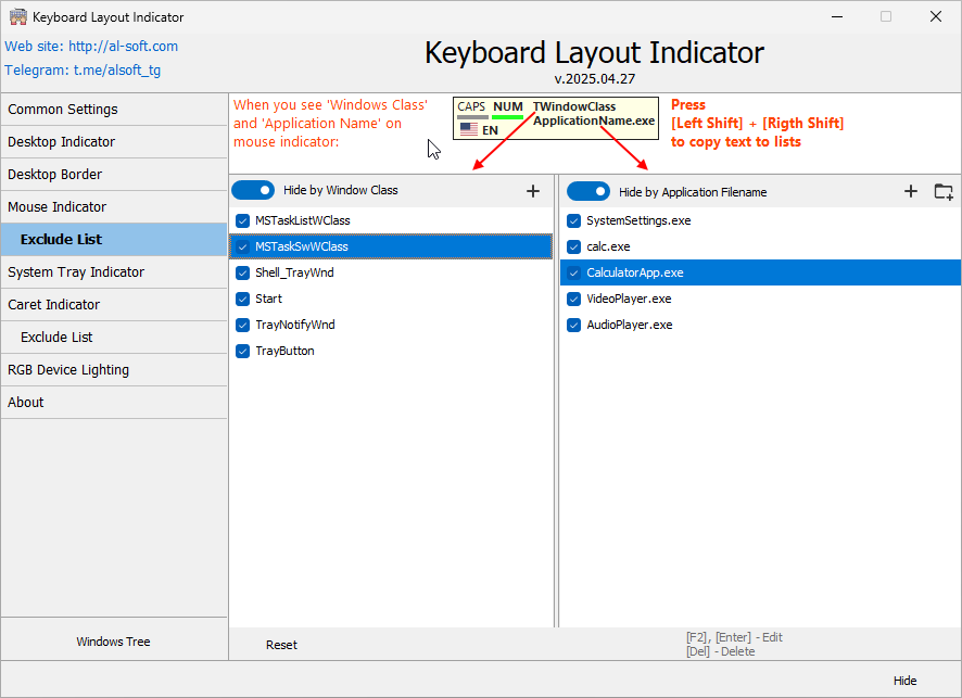 Keyboard Layout Indicator - Mouse Indicator Exception List